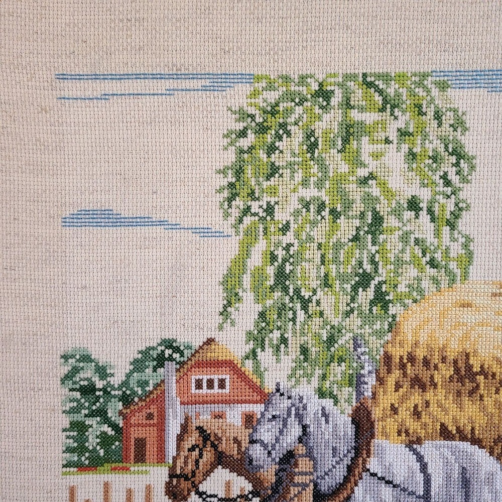 Vintage Cross Stitch Hay Wagon Barn Scene Farm Completed Textile Needlework - Picture 3 of 13